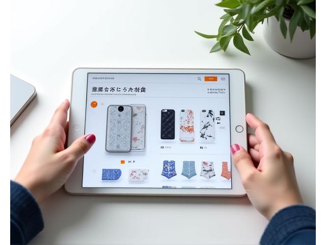 ユーザーがタブレットでスマホケースのデザインをカスタマイズしている様子。画面にはリアルタイムで変更が反映されている。