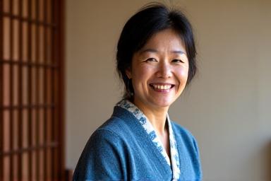 漆芸家 田中恵美のポートレート。伝統的な漆器の前で微笑んでいる。