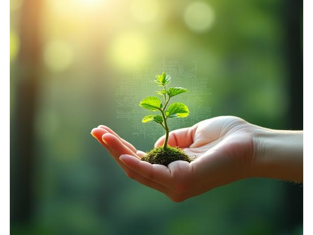未来を育む手のひらに乗った地球とモバイル機器、自然とテクノロジーの融合