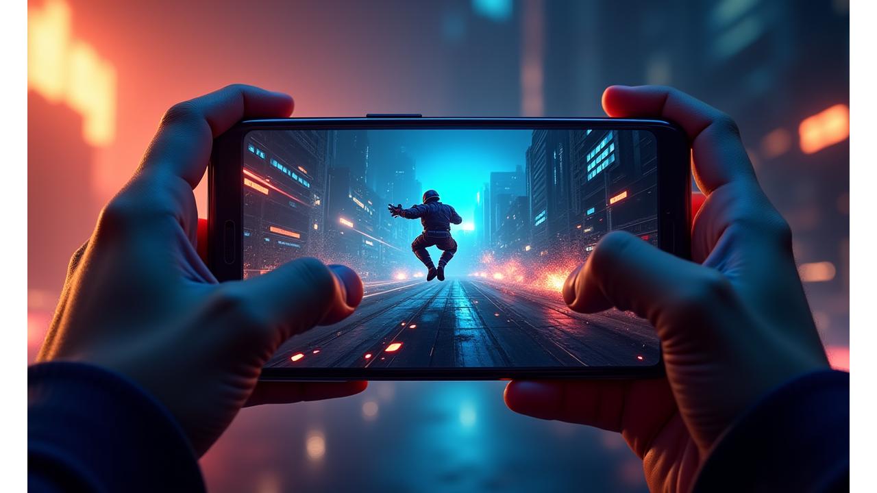 eスポーツ選手が最新のゲーミングスマートフォンでプレイしている様子