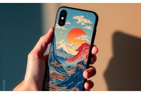 日本の浮世絵風デザインが施されたスマートフォンケース