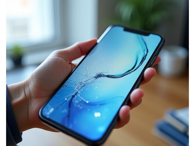 ひび割れたスマートフォンの画面が、修理によって新品のように美しく回復した様子を示す。日本のモダンで洗練された修理技術を象徴。