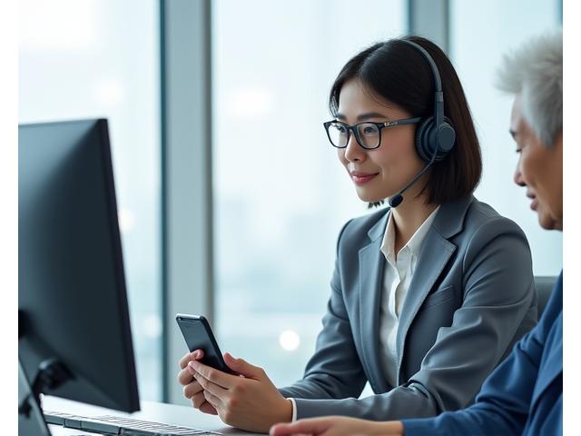 笑顔の日本人スタッフが電話でサポートしている、または対面でスマートフォンの使い方を説明している