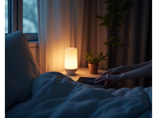 就寝前にスマートフォンでスマートホームを操作しリラックスする様子