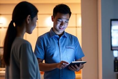 スマートホームの設置について専門家が顧客に説明する様子